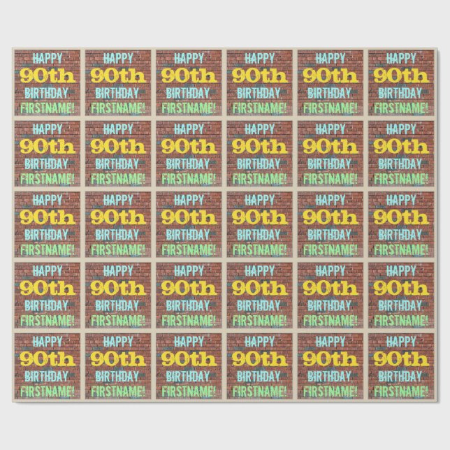 Papel De Presente Brick Wall Grafite inspirado 90 Aniversário + Nome (Aberto)