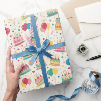 Papel De Presente Bright Birthday Cakes and Balloons Wrapping Paper