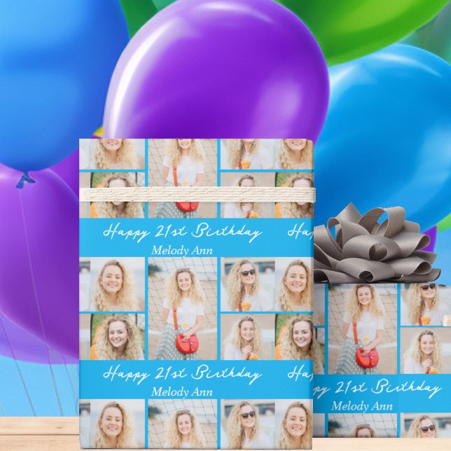 Papel De Presente Bright Blue Happy Birthday Photo Collage (Criador carregado)