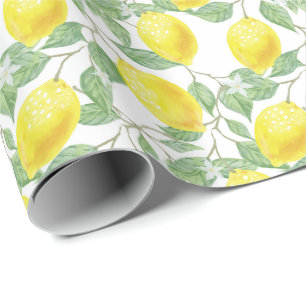 Papel De Presente Bright Watercolor Lemons Citrus Greenery Summer