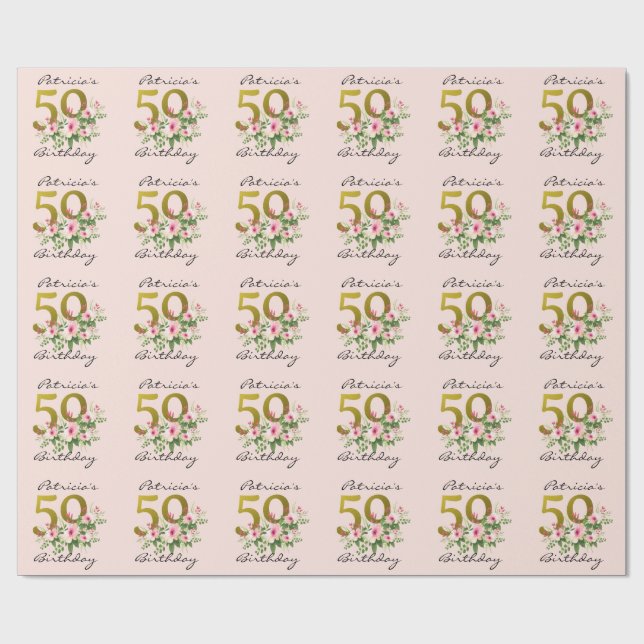 Papel De Presente Brilhante Dourado Floral Rosa 50º Aniversário (Aberto)