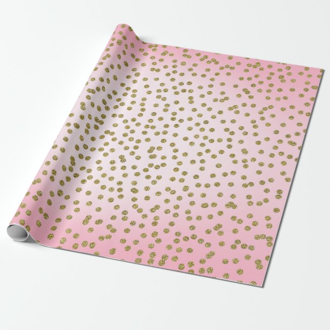 Papel de Presente Brilhante Rosa e Dourado com Pon (Desenrolado)