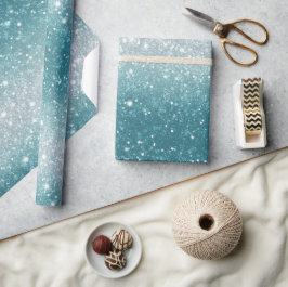 Papel De Presente Brilho Azul Água-Marinha Padrão de Glitter Branco