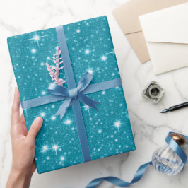 Papel De Presente Brilho Azul Água-Marinha Padrão de Glitter Branco