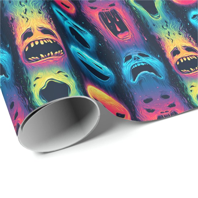 Papel De Presente Brilho de Emoji Fantasma - Rostos de Espíritos Neo (Ponta do rolo)