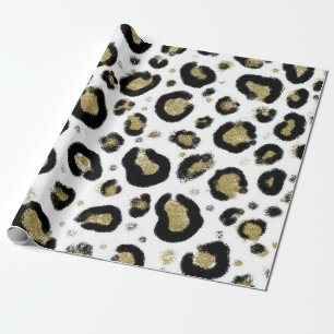Papel De Presente Brilho de Ouro Branco e Impressão de Leopardo Pret