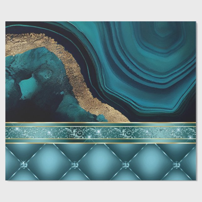 Papel De Presente Brilho Dourado Ágata Azul-turquesa Mármore Diamant (Aberto)
