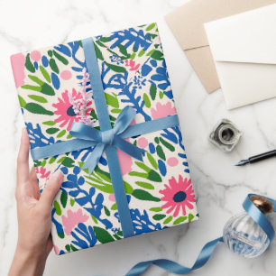 Papel De Presente Brilho Floral Brilhante Feliz Rosa Azul Branca