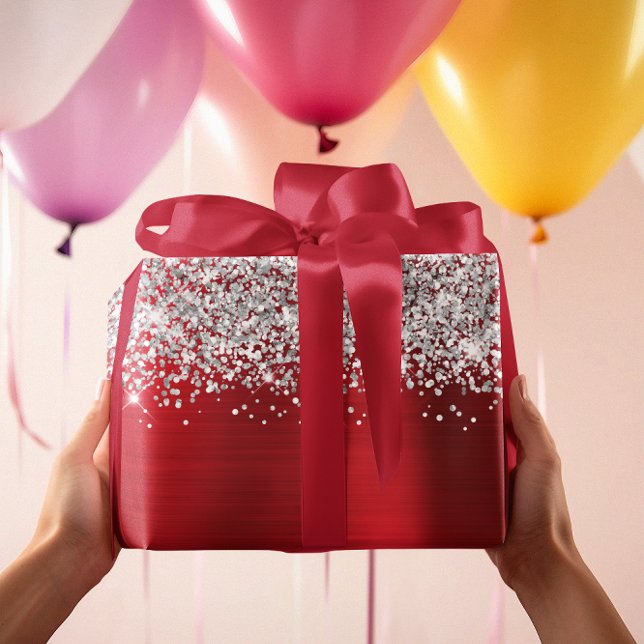 Papel De Presente Brilho Prata Vermelho Glam (Glittery Silver Red Glam Wrapping Paper)