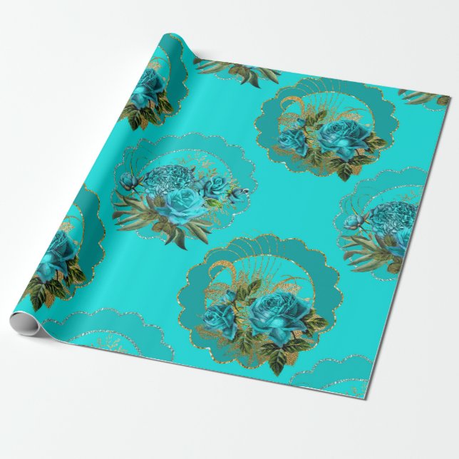 Papel De Presente Brilho Temático Paris Dourado e Turquesa (Desenrolado)