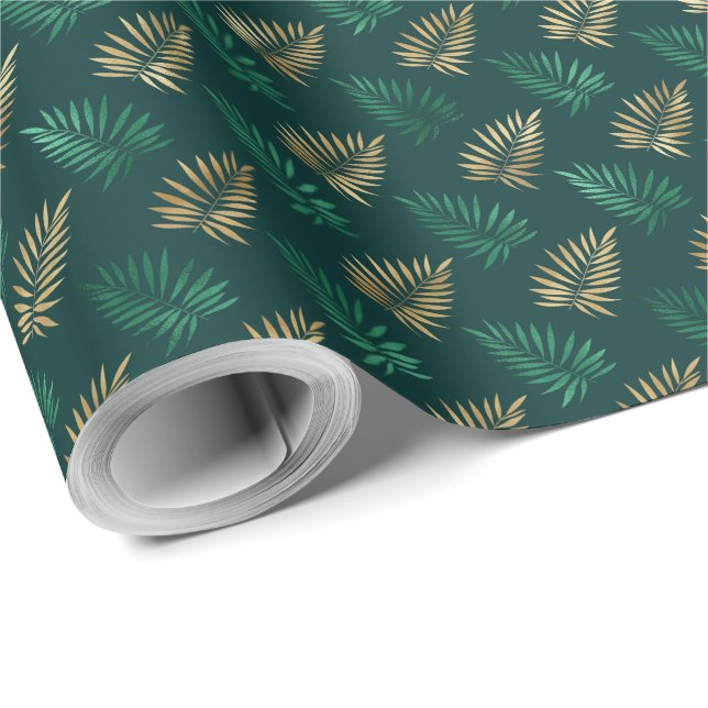 Papel De Presente Brilho verde e Dourado nas folhas tropicais (Ponta do rolo)