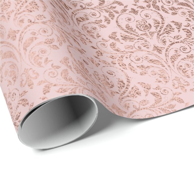 Papel De Presente Brilhos Diamantes Blush Damask Rosa Dourado (Ponta do rolo)