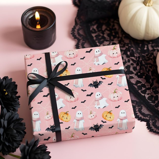 Papel De Presente Brincadeira, abóbora-do-fantasma e Dia das Bruxas  (Fun Cute Ghost bat pumpkin & Spider Web Halloween Wrapping Paper)