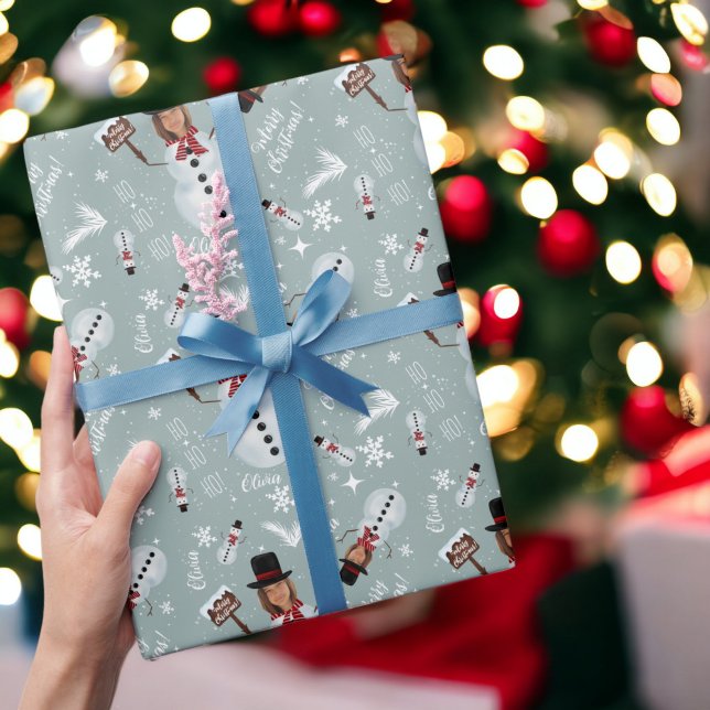 Papel De Presente Brincadeira ilustração de Natal Snowman (Fun merry Christmas illustration photo snowman Wrapping Paper on ice blue)