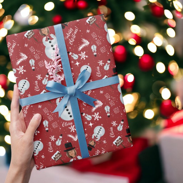 Papel De Presente Brincadeira ilustração de Natal Snowman (Fun merry Christmas illustration photo snowman Wrapping Paper on red)