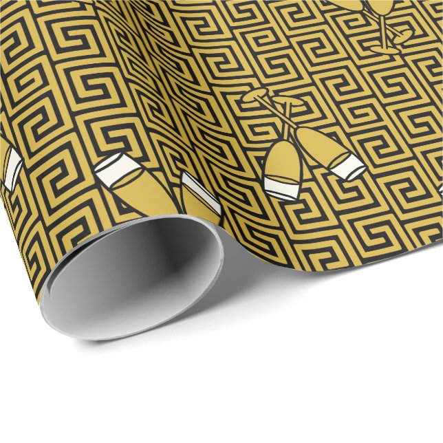 Papel De Presente Brinde de Celebração Greek Key - Dourado e Preto (Ponta do rolo)