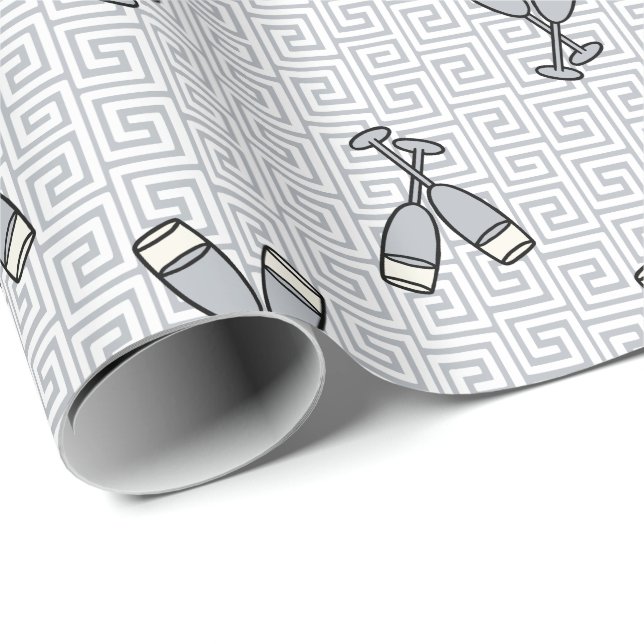 Papel De Presente Brinde de Celebração Greek Key - Prata e Branco (Ponta do rolo)