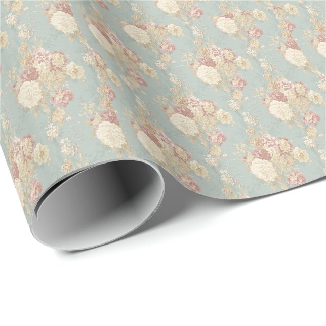 Papel De Presente Brinde de noiva floral branco rosa azul  (Ponta do rolo)