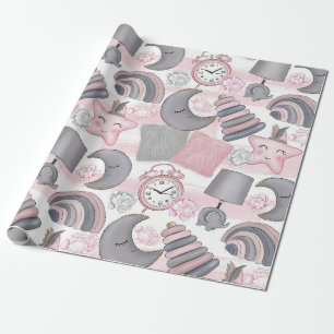 PAPEL DE PRESENTE BRINQUEDOS DE GAROTA DE ROSA E CINZA COARREM FLORE