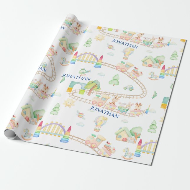 Papel De Presente Brinquedos e trens para bebês monogramas (Desenrolado)