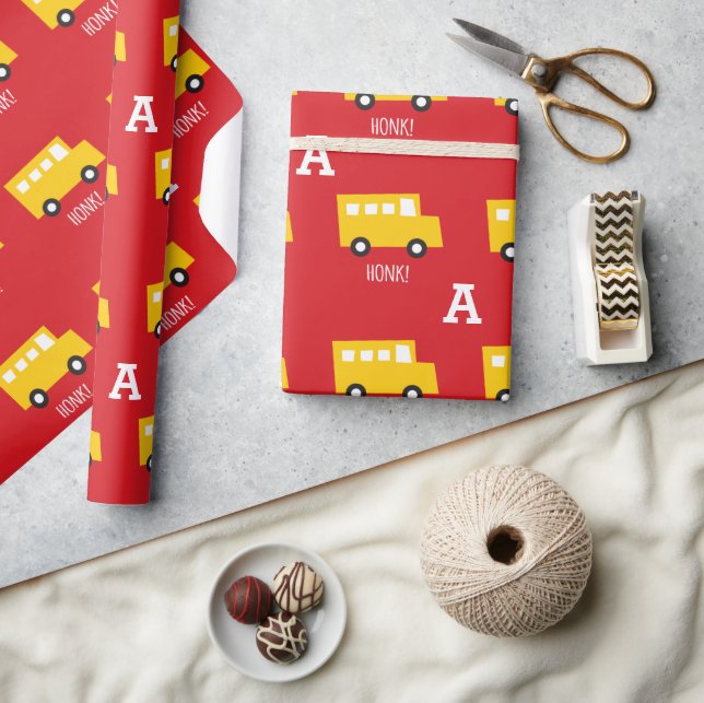 Papel De Presente Brinquedos Transporte Barramento Amarelo Monograma (Artesanato)