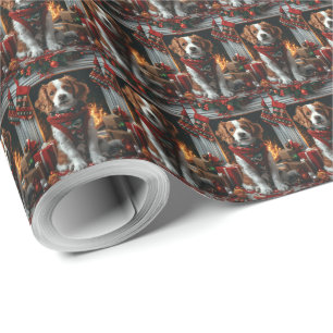 Papel De Presente Brittany Spaniel com Presentes de Natal Lareira
