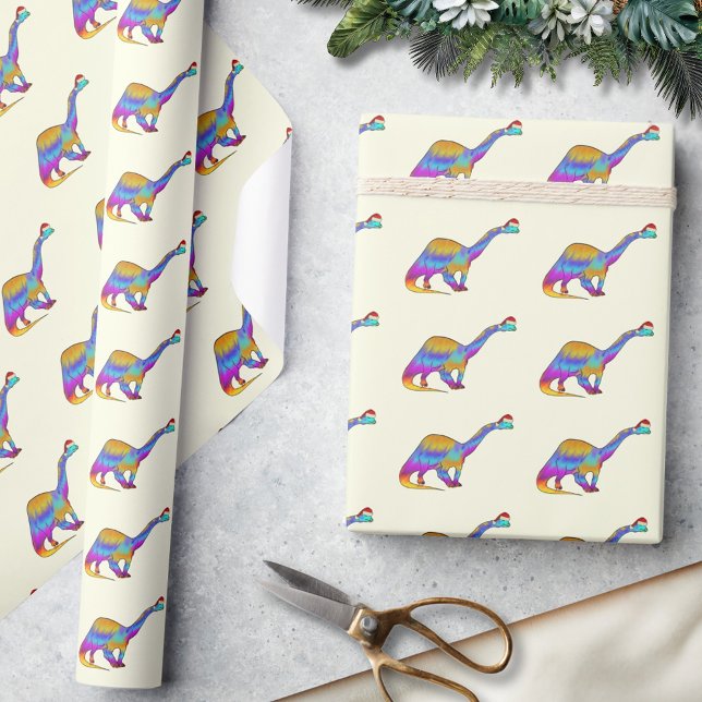 Papel De Presente Brontossauro Dinossauro Natal Adorável (Kids cute colorful dinosaur christmas wrapping paper Festive watercolor brontosaurus santa hat dino)