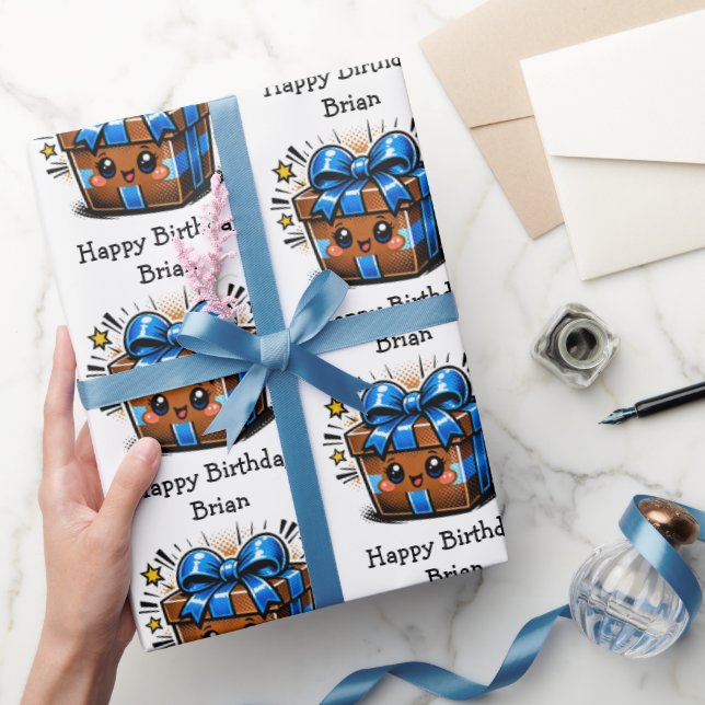 Papel De Presente Brown and Blue Personalized Happy Birthday (Presentear)