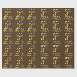 Papel De Presente Brown, aniversário de 3 anos "FELIZ " Dourado do