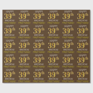 Papel De Presente Brown, ANIVERSÁRIO FELIZ Dourado do falso "39th "