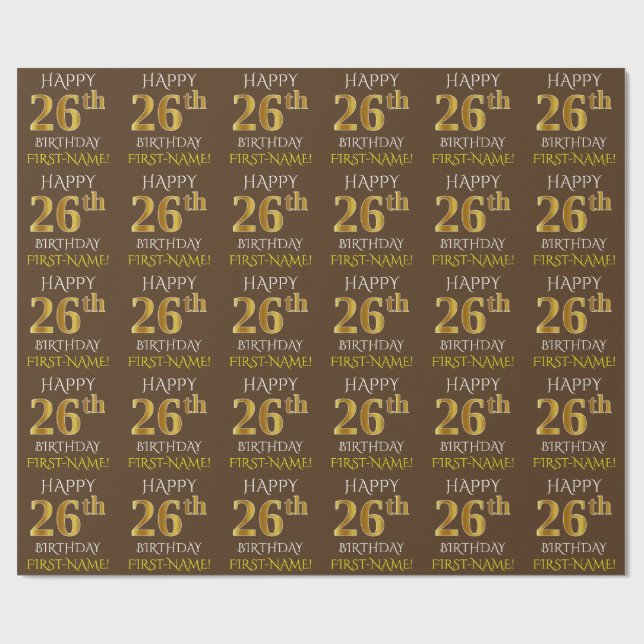 Papel De Presente Brown, Faux Dourado "FELIZ 26 ANIVERSÁRIO" (Aberto)