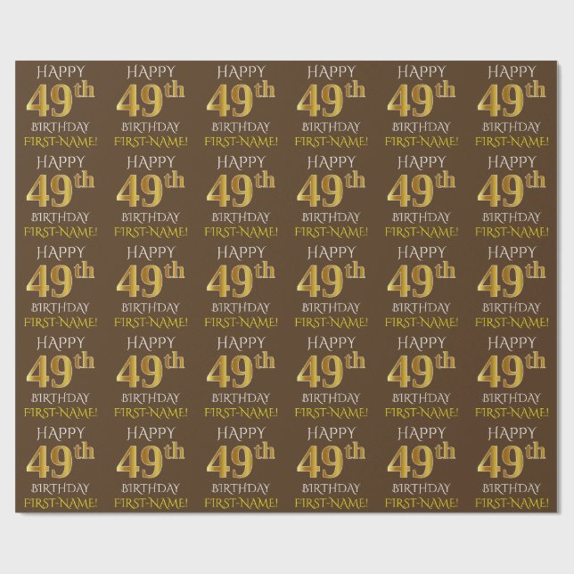Papel De Presente Brown, Faux Dourado "FELIZ 49º ANIVERSÁRIO" (Aberto)