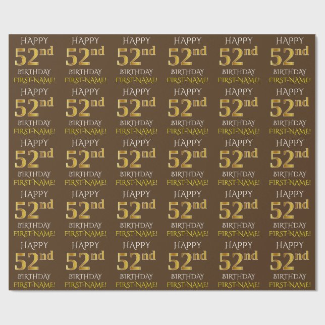 Papel De Presente Brown, Faux Dourado "FELIZ 52º ANIVERSÁRIO" (Aberto)
