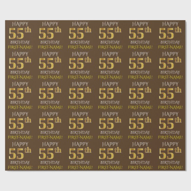 Papel De Presente Brown, Faux Dourado "FELIZ 55 ANOS" (Aberto)
