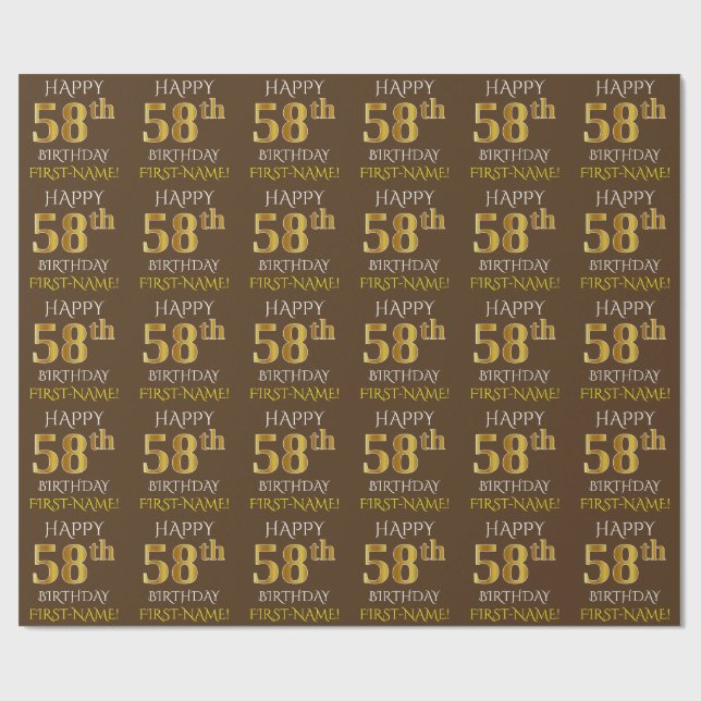 Papel De Presente Brown, Faux Dourado "FELIZ 58 ANOS" (Aberto)