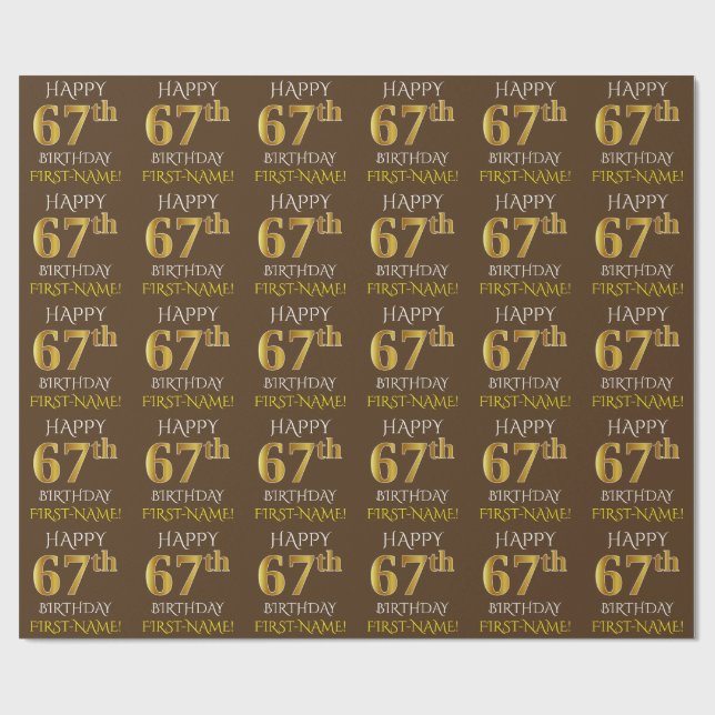 Papel De Presente Brown, Faux Dourado "FELIZ 67 ANOS" (Aberto)