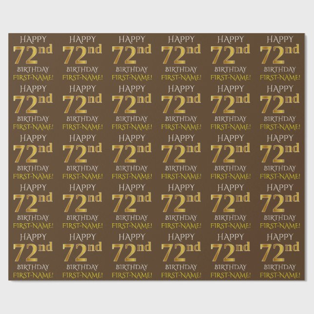 Papel De Presente Brown, Faux Dourado "FELIZ 72º ANIVERSÁRIO" (Aberto)