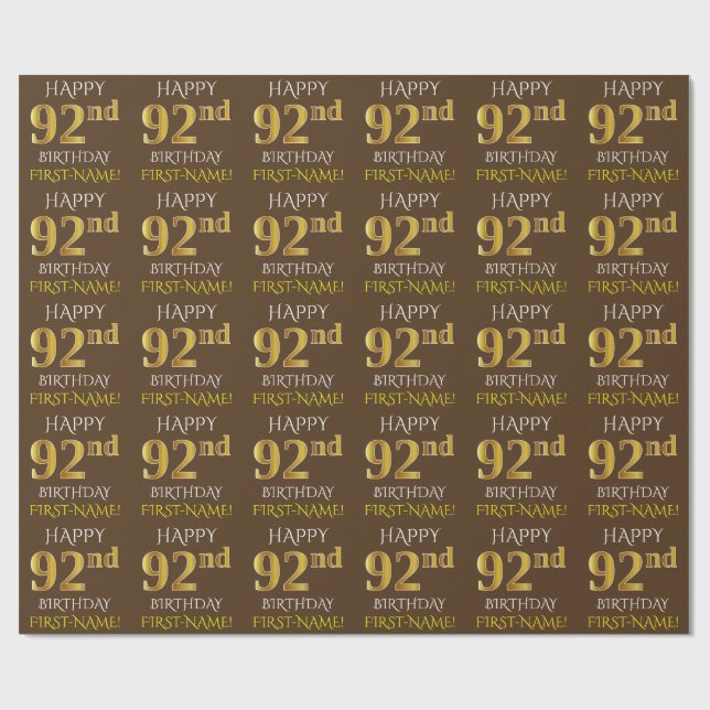 Papel De Presente Brown, Faux Dourado "FELIZ 92º ANIVERSÁRIO" (Aberto)