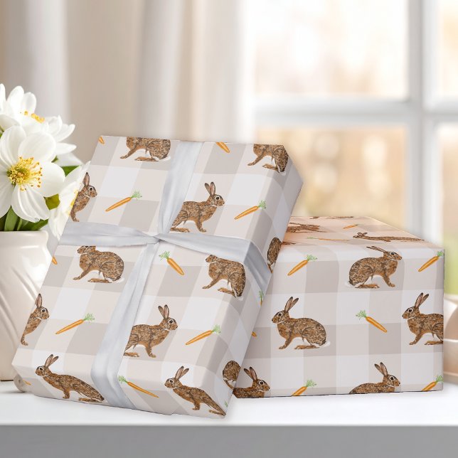 Papel De Presente Brown Hares And Carrots Beige Gingham Spring (Criador carregado)