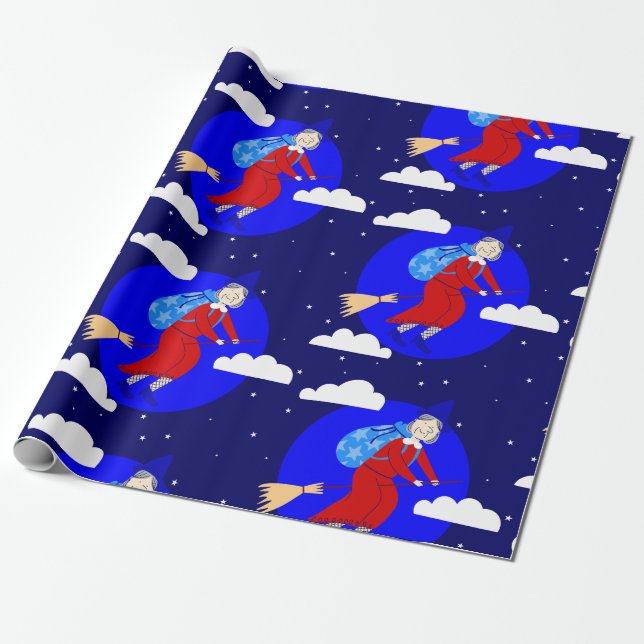 Papel De Presente bruxa azul de natal befana broomrider spookmas (Desenrolado)