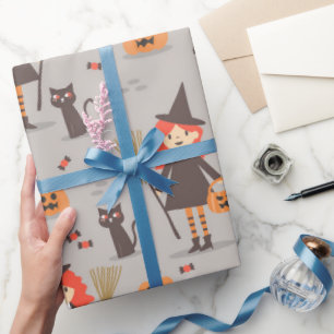 Papel De Presente Bruxa Bonita do Halloween, Abóbora, Gato Negro