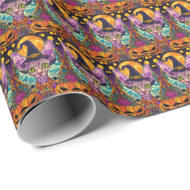 Papel De Presente Bruxa De Halloween E Abóbora Sphynx Spooky (Ponta do rolo)