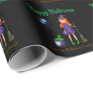 Papel De Presente Bruxa e Aranha Nome Personalizado Black Halloween