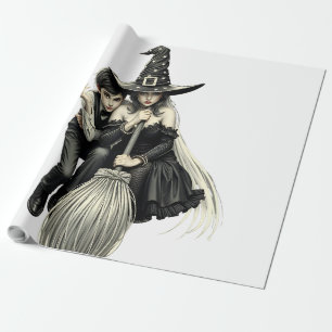 Papel De Presente Bruxa e Menino do Halloween: Duo Mágico Escuro