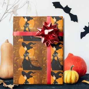 Papel De Presente Bruxa Gótica Abóbora Halloween Elegante Art Nouvea