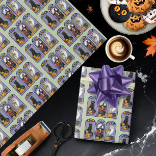 Papel De Presente Bruxa Gótica Gato Preto Coruja Halloween Art Nouve