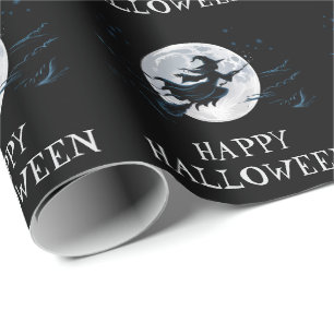 Papel De Presente Bruxa Spooky do Halloween voando através de uma lu