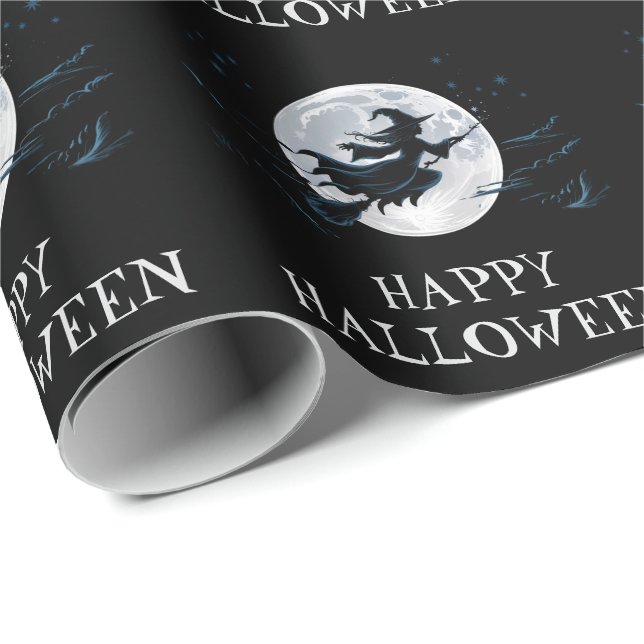 Papel De Presente Bruxa Spooky do Halloween voando através de uma lu (Ponta do rolo)