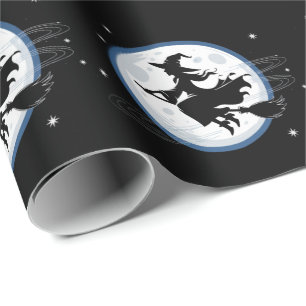 Papel De Presente Bruxa Spooky do Halloween voando através de uma lu