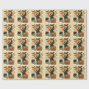 Papel De Presente Bruxa Vintage de Halloween em Pumpkin Bats Cauldro